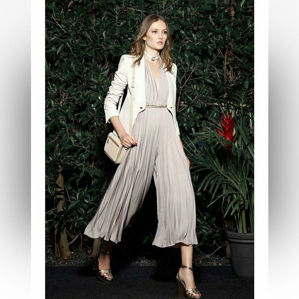 Halston Heritage Halter Pleated Wide Leg Jumpsuit Atmosphere Beige.